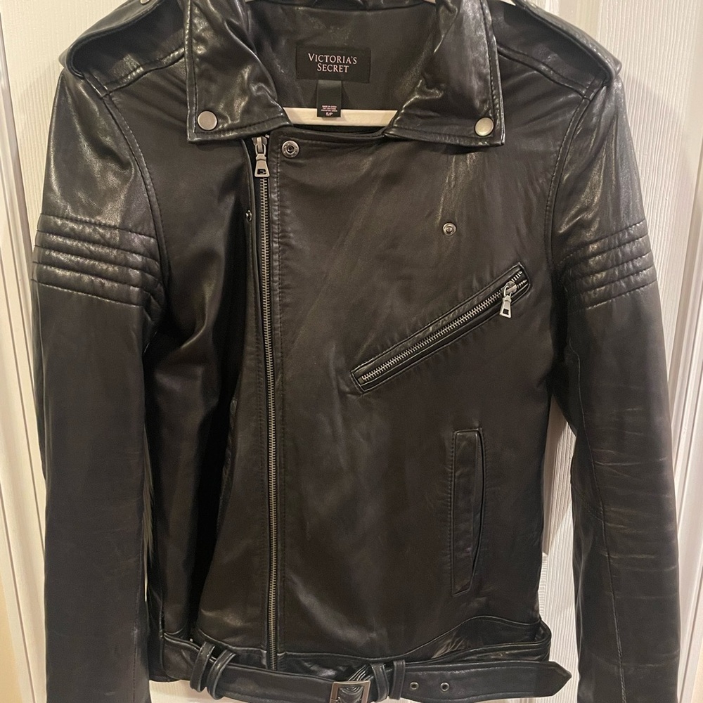 Vintage Victoria's Secret Classic Black Biker Jacket Genuine Leather Size Small